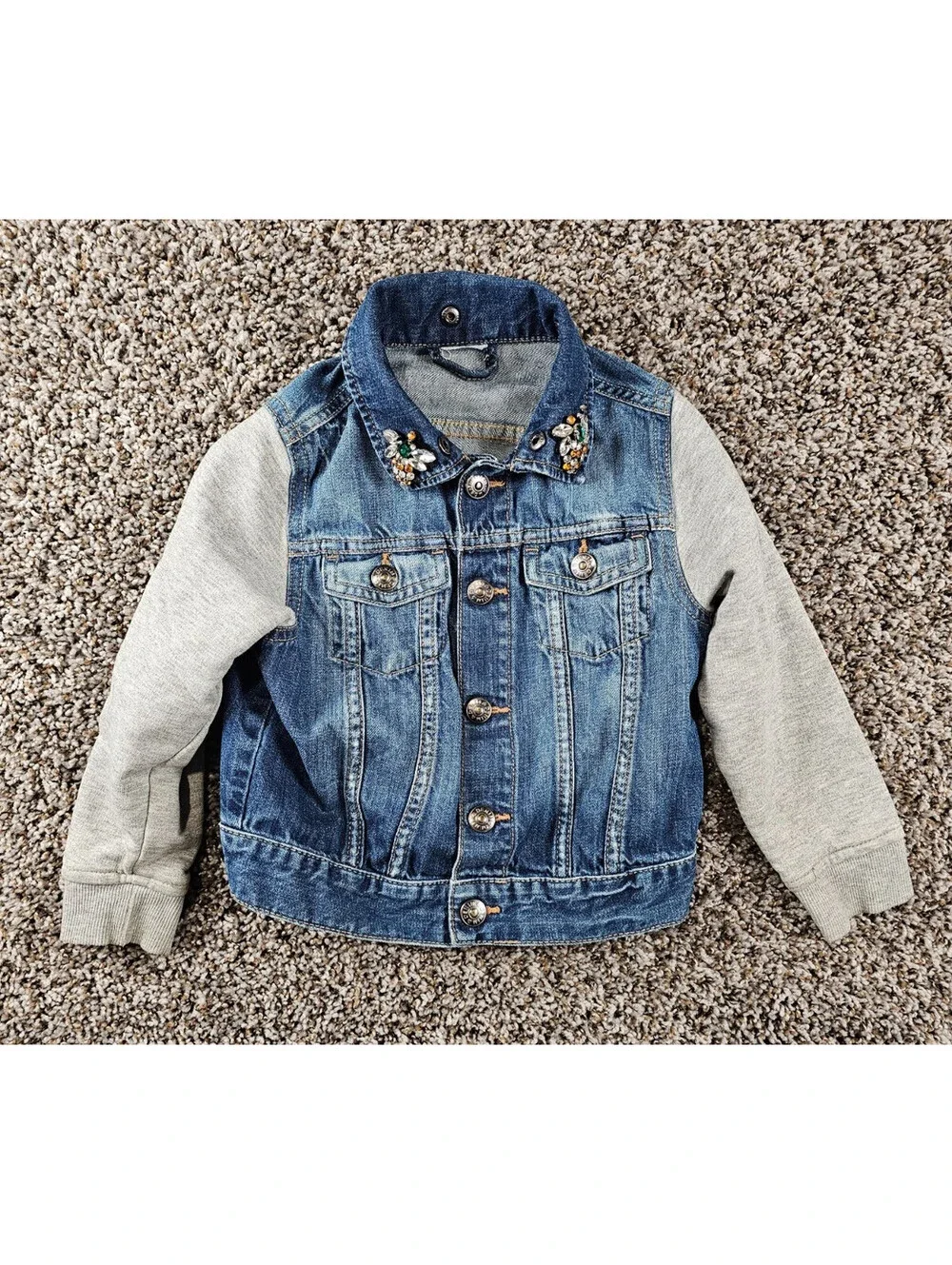 Justice Girls Sz 4 Button Up Blue Denim Jacket Sweatshirt Sleeves Embellished